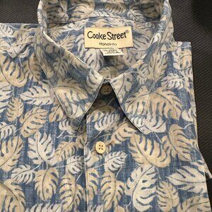 Cooke Street Hawaiian Shirt -2XL -Tropical Leaves Blue / Tan 100% cotton